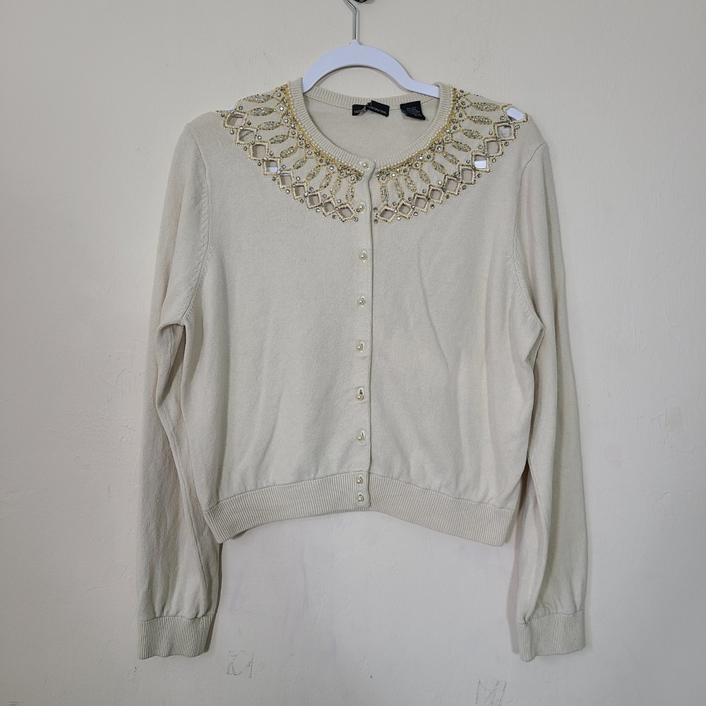 Moda International Womens L Ivory Embellished Cardigan Wool Silk‎ Lux Fair Isles